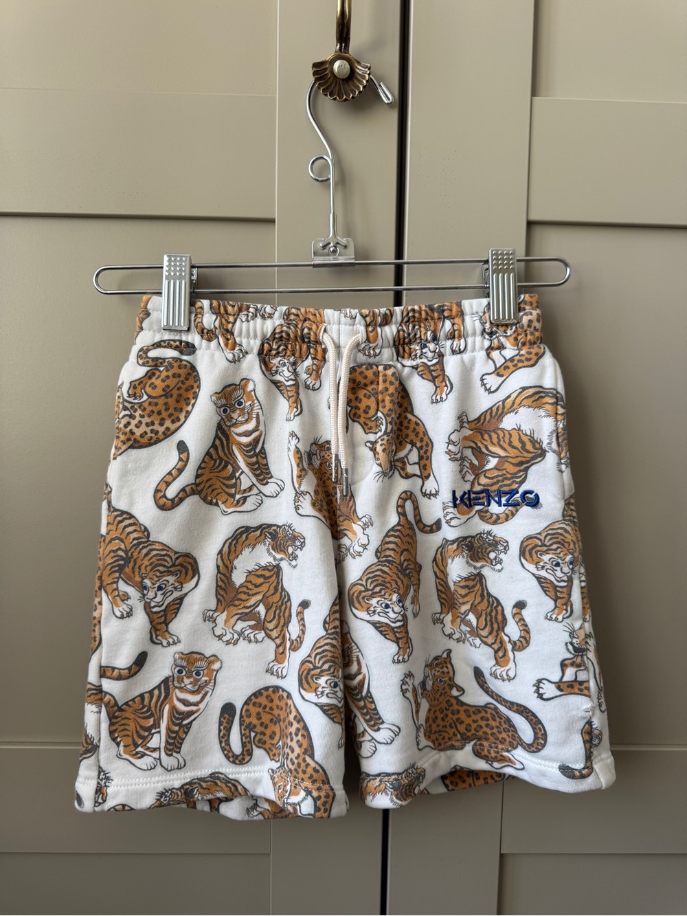 Kenzo Kids White Terry Cotton Shorts with Brown Tiger Print